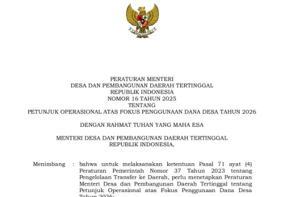 Permendes No 16 Tahun 2025 tentang Petunjuk Operasional & Fokus penggunaan Dana Desa Tahun Anggaran 2026